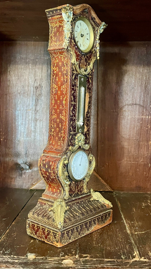 Orologio da tavolo, termometro e barometro, pelle goffrata e dorata, XIX secolo