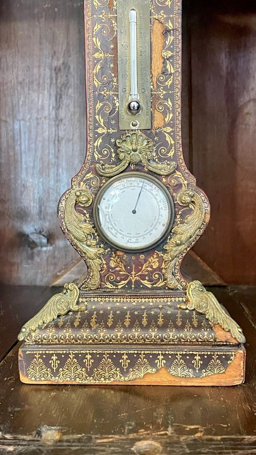 Orologio da tavolo, termometro e barometro, pelle goffrata e dorata, XIX secolo