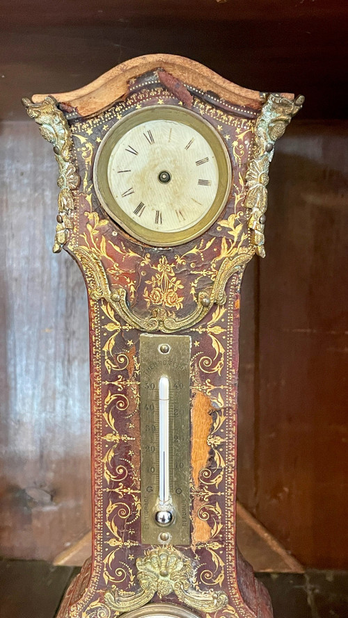 Orologio da tavolo, termometro e barometro, pelle goffrata e dorata, XIX secolo