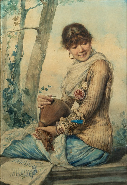 Antique watercolor depicting a woman with a mandolin. Naples 19th century.