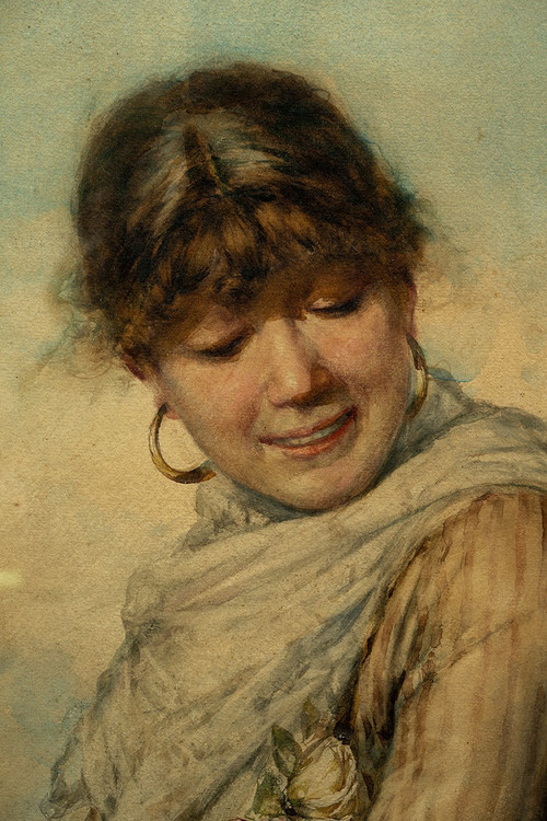 Antique watercolor depicting a woman with a mandolin. Naples 19th century.