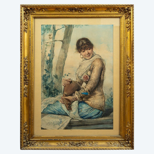 Antique watercolor depicting a woman with a mandolin. Naples 19th century.