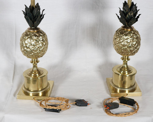 Paire de lampes ananas en bronze doré années 70 