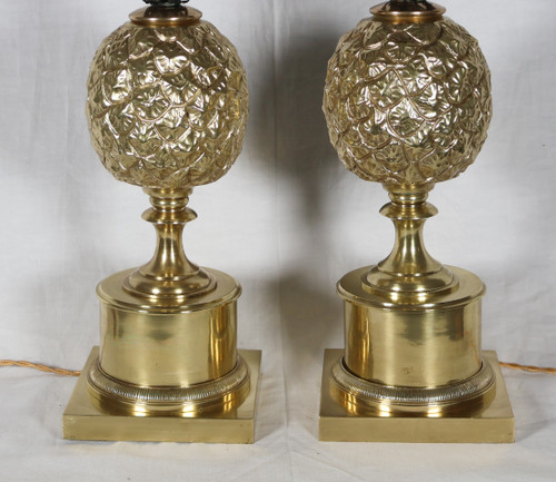 Paire de lampes ananas en bronze doré années 70 