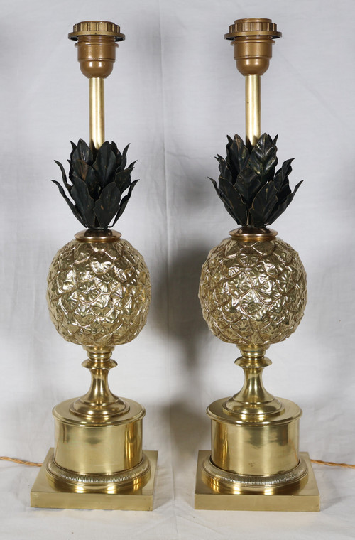 Paire de lampes ananas en bronze doré années 70 