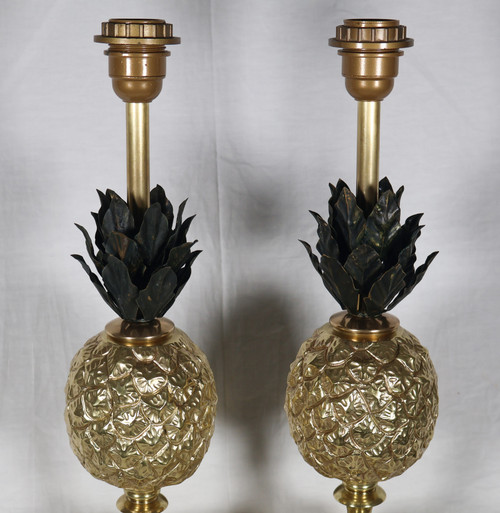 Paire de lampes ananas en bronze doré années 70 
