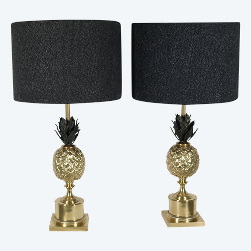 Paire de lampes ananas en bronze doré années 70 