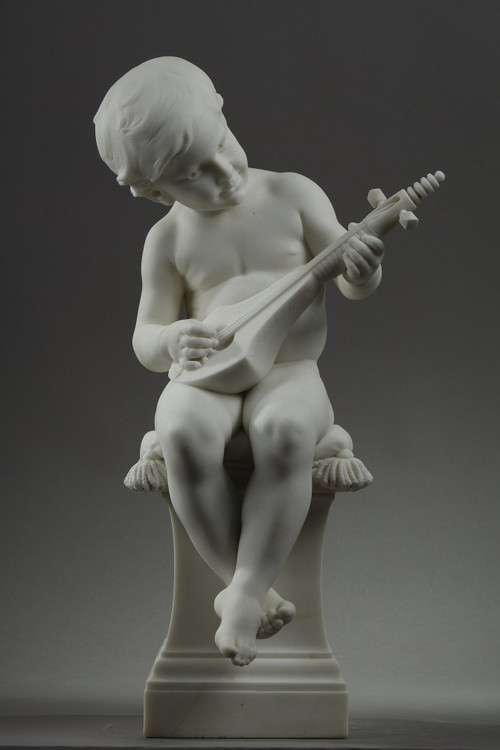 Der kleine Musiker, Große Skulptur aus Carrara-Marmor, signiert von Barrias