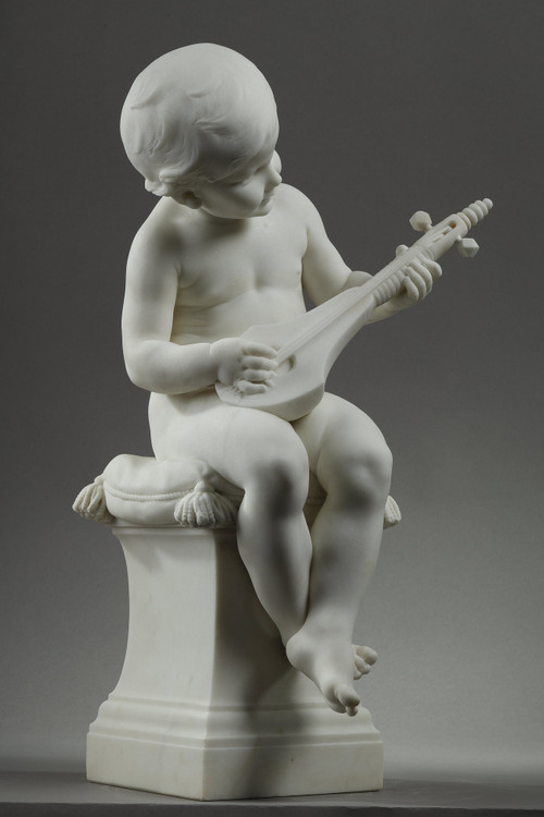 Der kleine Musiker, Große Skulptur aus Carrara-Marmor, signiert von Barrias