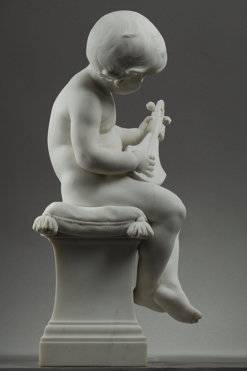 Der kleine Musiker, Große Skulptur aus Carrara-Marmor, signiert von Barrias