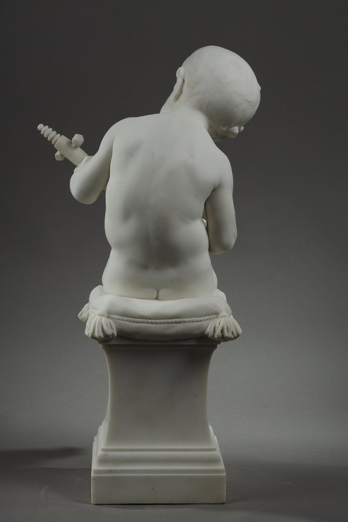 Der kleine Musiker, Große Skulptur aus Carrara-Marmor, signiert von Barrias