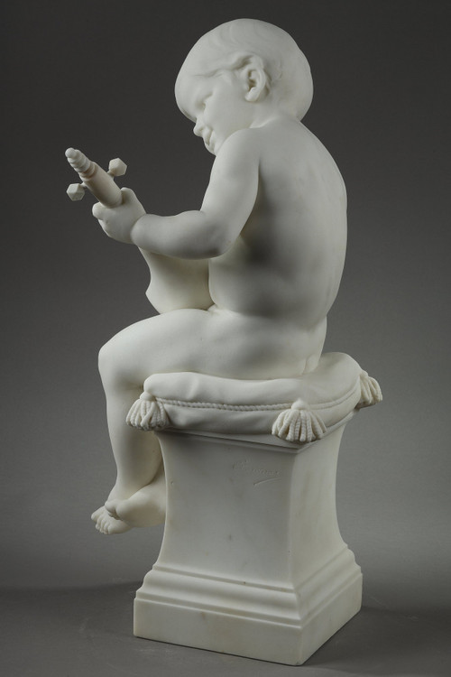 Der kleine Musiker, Große Skulptur aus Carrara-Marmor, signiert von Barrias