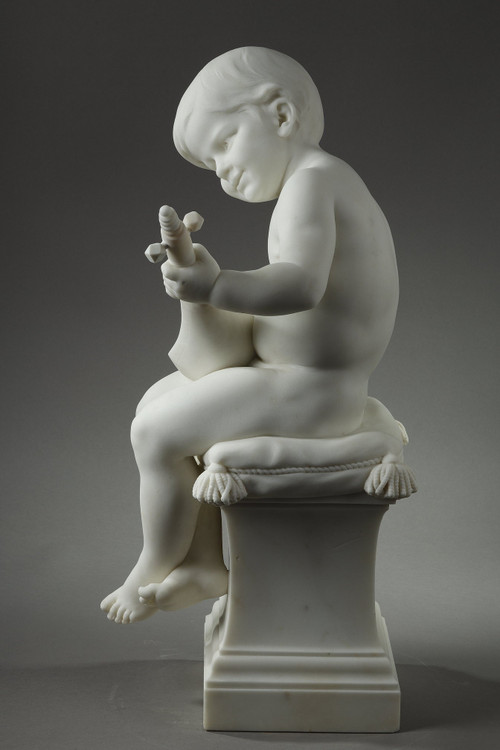 Der kleine Musiker, Große Skulptur aus Carrara-Marmor, signiert von Barrias
