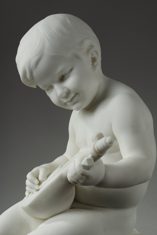 Der kleine Musiker, Große Skulptur aus Carrara-Marmor, signiert von Barrias