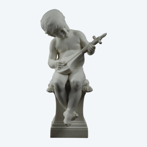 Der kleine Musiker, Große Skulptur aus Carrara-Marmor, signiert von Barrias