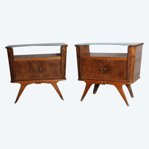Antica Coppia comodini 1945 art deco noce. Milano . Top in vetro . Mis 70 x 33 x h 62 