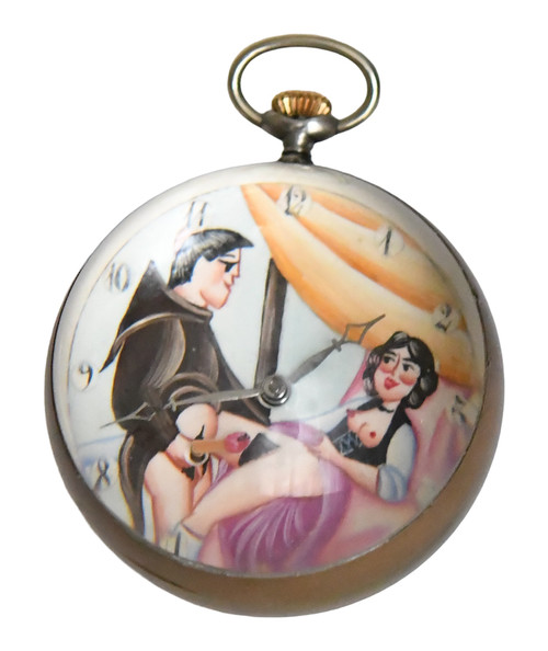 Ball-shaped glass desk clock with erotic decoration