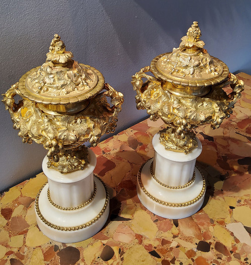 Pair of Cassolette Vases in Gilded Ciselated Bronzes with Pampers and Vines 19th century