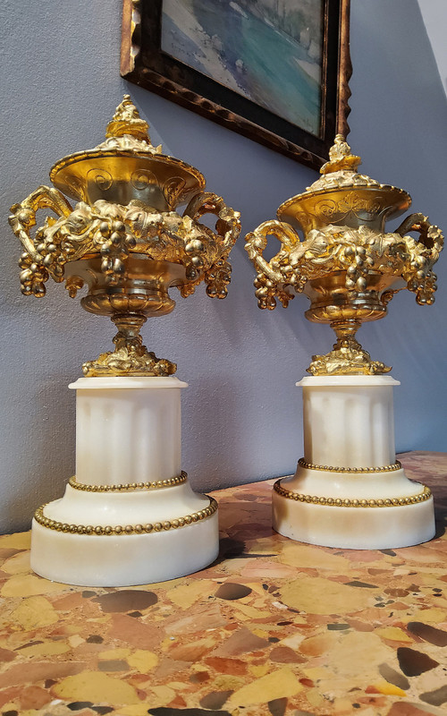 Pair of Cassolette Vases in Gilded Ciselated Bronzes with Pampers and Vines 19th century