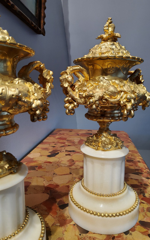 Pair of Cassolette Vases in Gilded Ciselated Bronzes with Pampers and Vines 19th century