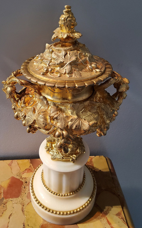 Pair of Cassolette Vases in Gilded Ciselated Bronzes with Pampers and Vines 19th century