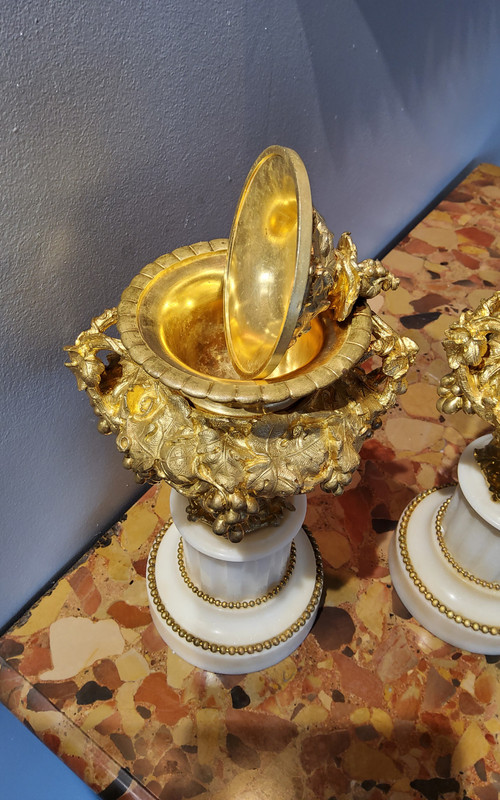 Pair of Cassolette Vases in Gilded Ciselated Bronzes with Pampers and Vines 19th century