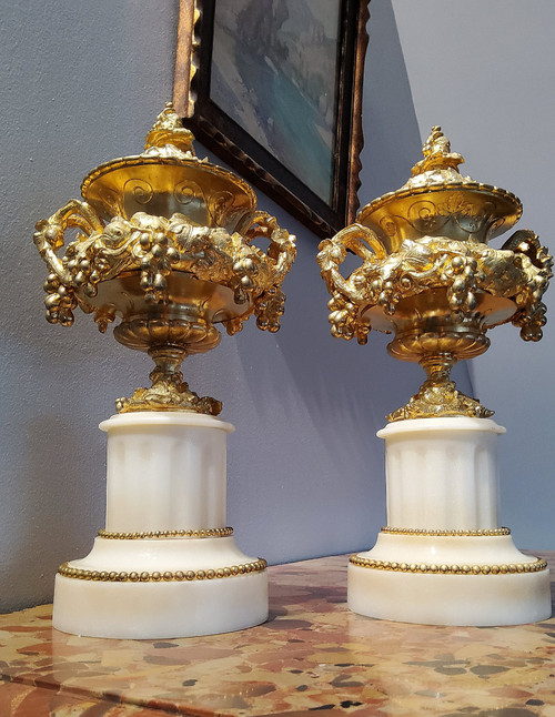 Pair of Cassolette Vases in Gilded Ciselated Bronzes with Pampers and Vines 19th century