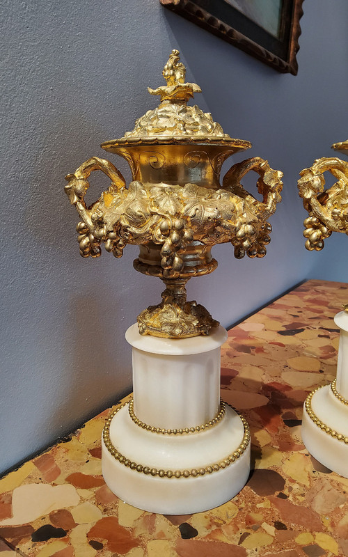 Pair of Cassolette Vases in Gilded Ciselated Bronzes with Pampers and Vines 19th century