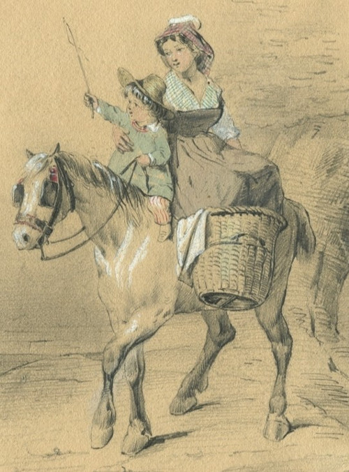 Mère et enfant à dos de cheval - Dessin original ancien
