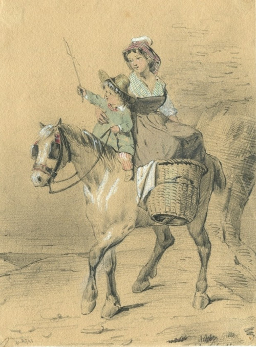 Mère et enfant à dos de cheval - Dessin original ancien