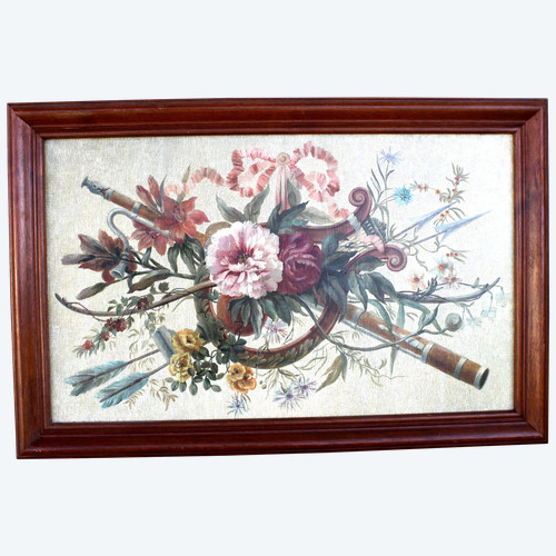 Blumenstrauß mit Musikinstrumenten Öl auf Leinwand im Louis-XVI-Stil 19.