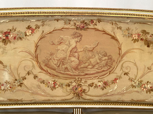 Louis XVI style bench seat, white lacquered and gilded wood, upholstered with tapestry