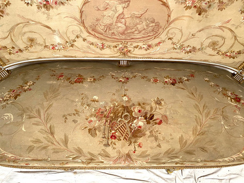 Louis XVI style bench seat, white lacquered and gilded wood, upholstered with tapestry