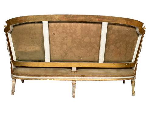 Louis XVI style bench seat, white lacquered and gilded wood, upholstered with tapestry