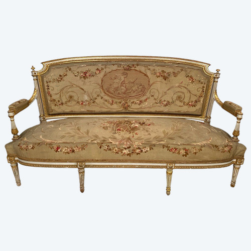 Louis XVI style bench seat, white lacquered and gilded wood, upholstered with tapestry