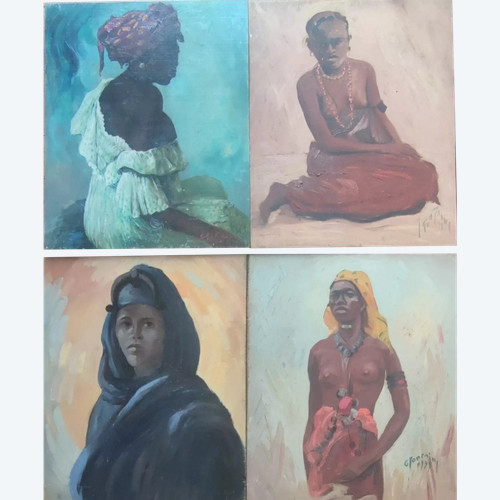 Alte Gemälde/Bilder Auf Holz Porträts afrikanischer Frauen.  Signiert von Gaston Fontaine