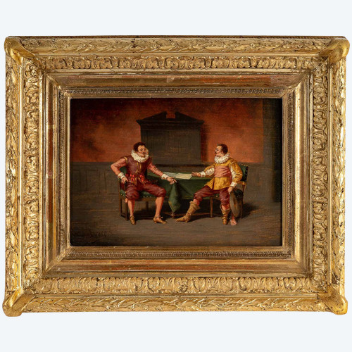 Ludger Larose (1868-1915) Le Tête à Tête huile sur bois XIXème siècle