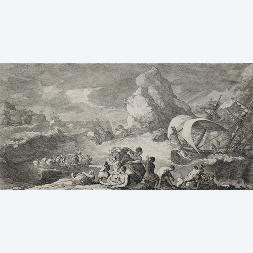 Etching Shipwreck Of Vessels Seascape Engraving 18th Century Old Print