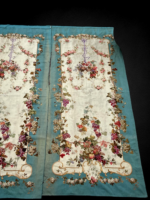 PAIR OF EARLY 19TH CENTURY HAND-WOVEN AUBUSSON TAPESTRIES WITH FLORAL DECORATION
