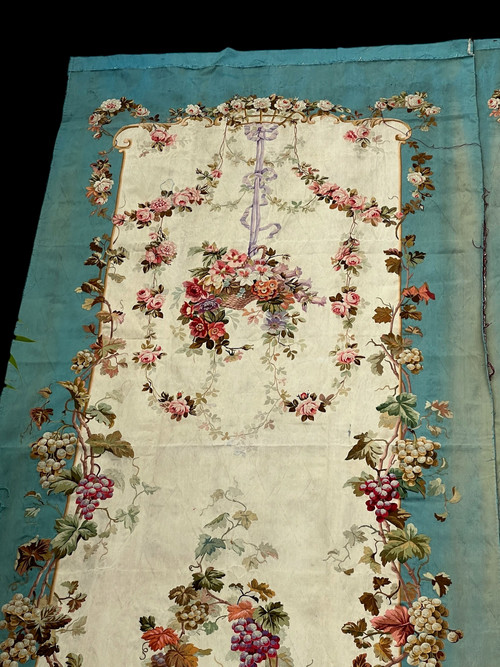 PAIR OF EARLY 19TH CENTURY HAND-WOVEN AUBUSSON TAPESTRIES WITH FLORAL DECORATION