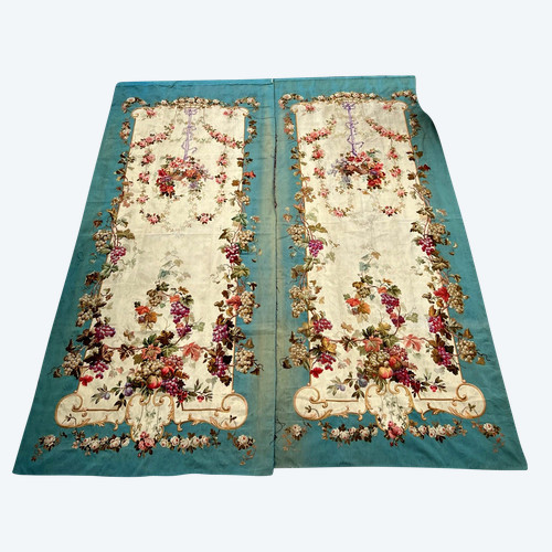 PAIR OF EARLY 19TH CENTURY HAND-WOVEN AUBUSSON TAPESTRIES WITH FLORAL DECORATION