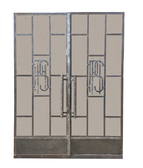 Two Exceptional Art Deco Period Arched Bay Windows in Hammered and Chiseled Wrought Iron