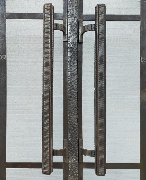 Two Exceptional Art Deco Period Arched Bay Windows in Hammered and Chiseled Wrought Iron