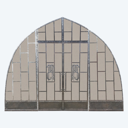 Two Exceptional Art Deco Period Arched Bay Windows in Hammered and Chiseled Wrought Iron