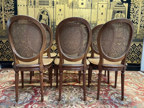 Set di 6 sedie a medaglione in stile Luigi XVI in canna di fucile