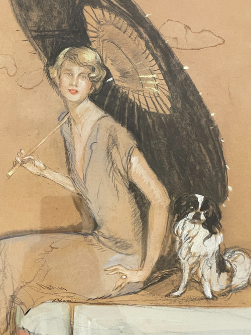 Jean – Gabriel DOMERGUE (1889 – 1962), “Elegante con parasole e cane”