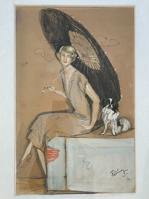 Jean – Gabriel DOMERGUE (1889 – 1962), “Elegante con parasole e cane”