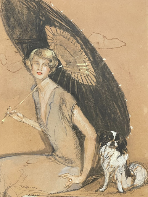 Jean – Gabriel DOMERGUE (1889 – 1962), “Elegante con parasole e cane”