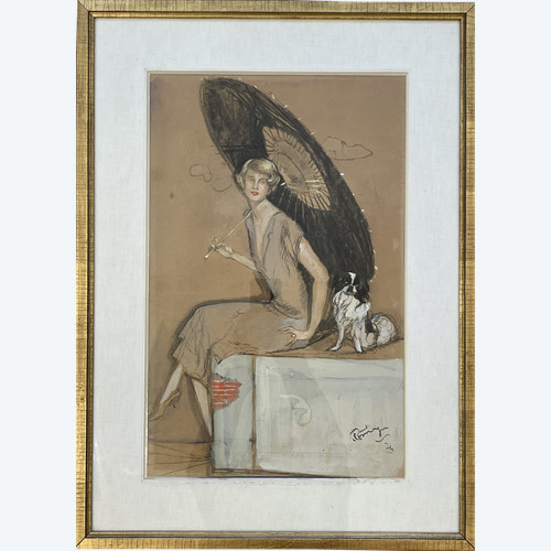 Jean – Gabriel DOMERGUE (1889 – 1962), "Elegant Lady with Parasol and Dog"