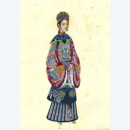 École chinoise XIXème Femme en costume traditionnel - Dessin original ancien